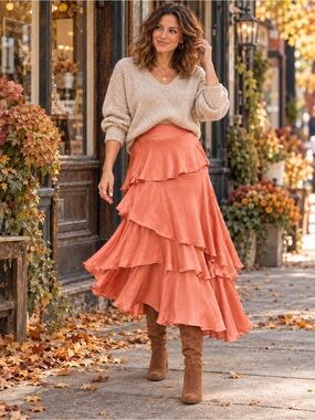 Maeve by Anthropologie Tiered Satin Maxi Skirt | Coral Blush Romantic Boho 12